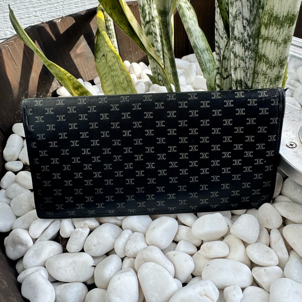 Celine Vintage Macadam Leather Long Wallet Black Envelope Style Flap Closure - Picture 2 of 13